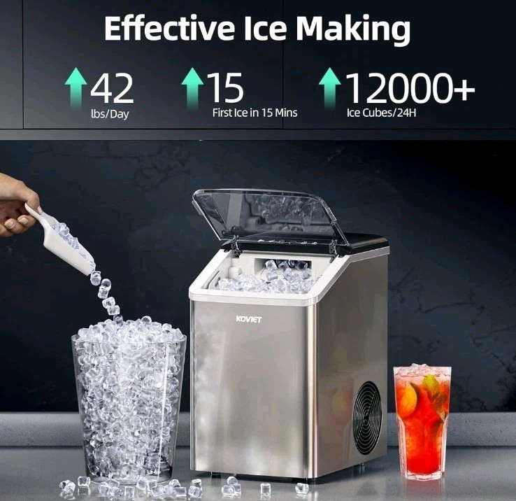 Koviet Countertop Ice Maker, 42lbs a Day, Makes Soft Pebble, Chewable, Crushed