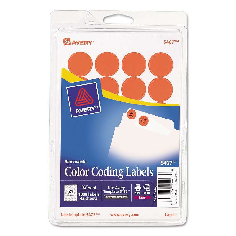 Avery® Printable Removable Color-Coding Labels, 3/4" dia, Neon Red, 1008/Pack