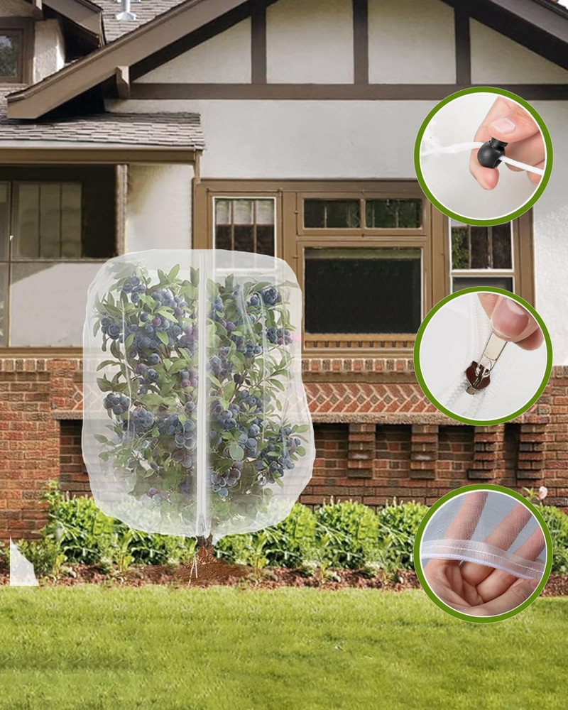 4 Pack Fruit Tree Netting with Zipper & Drawstring, 2.6 X 3.2 Ft Reusable Bluebe