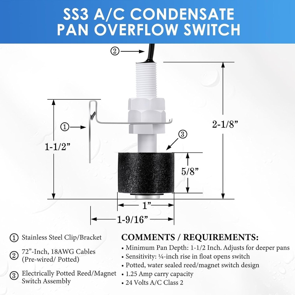 SS3 Condensate Drain Pan Switch Replace 97647 for HVAC Drain Pan Condensate