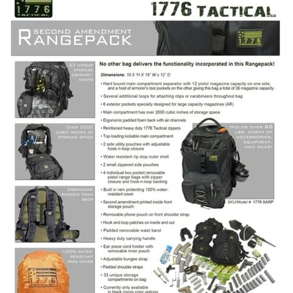 1776 SECOND AMENDMENT RANGEPACK Heavy Duty Black Tactical Backpack Outdoor Bag