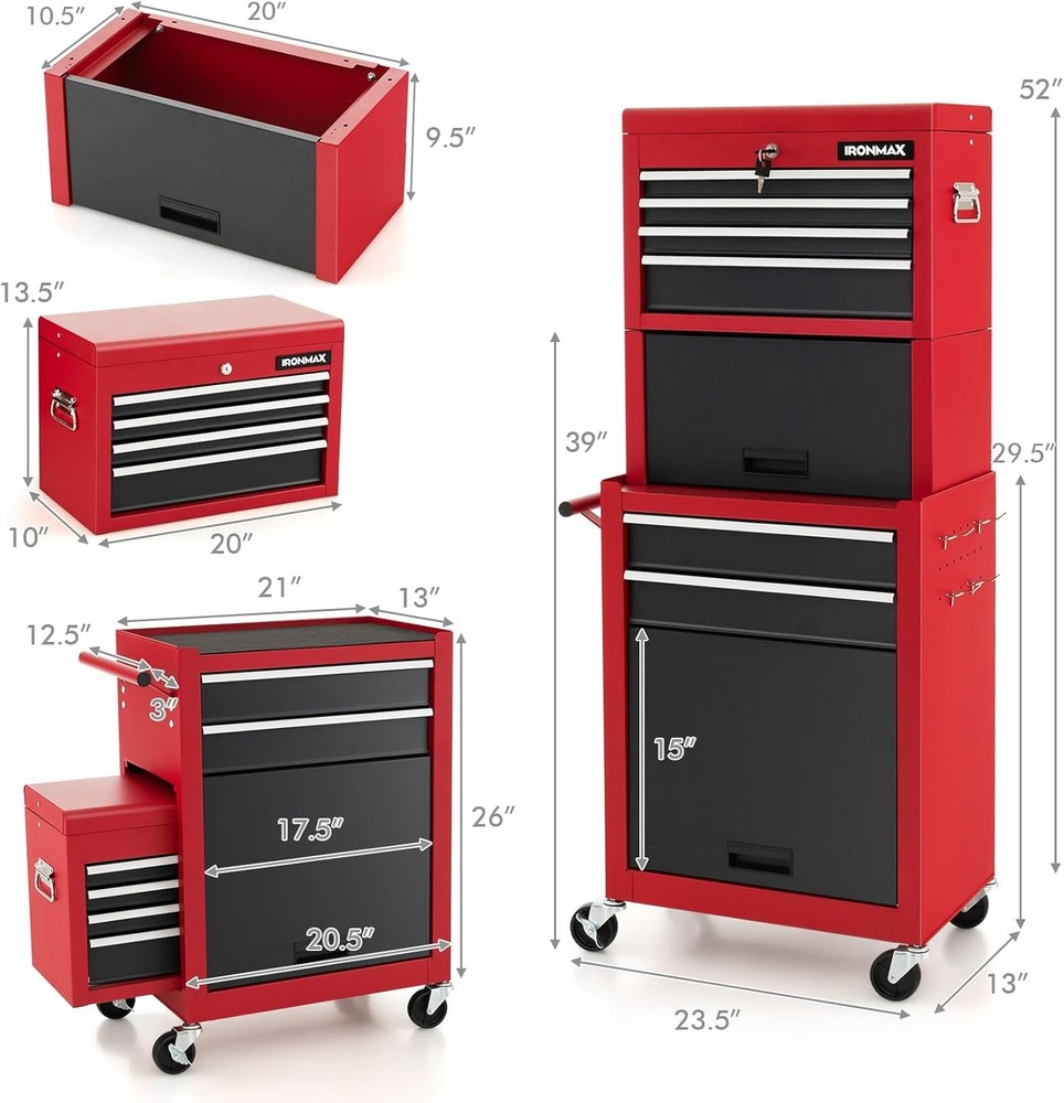 ERGOMASTER Rolling Tool Chest - Removable Top Box Large Bottom Cabinet with Cast