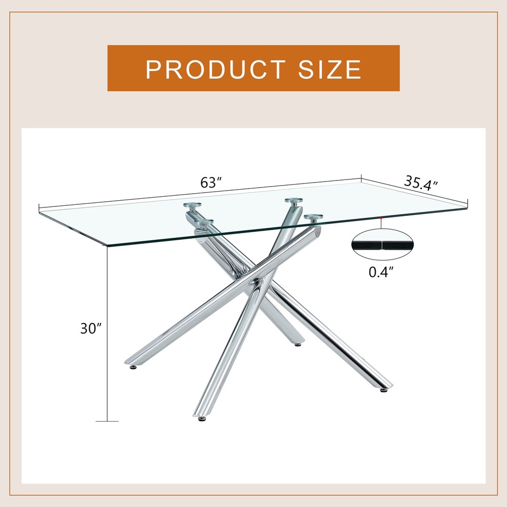 Large Modern Minimalist Rectangular Glass Dining Table with 0.39" Tempered Gla