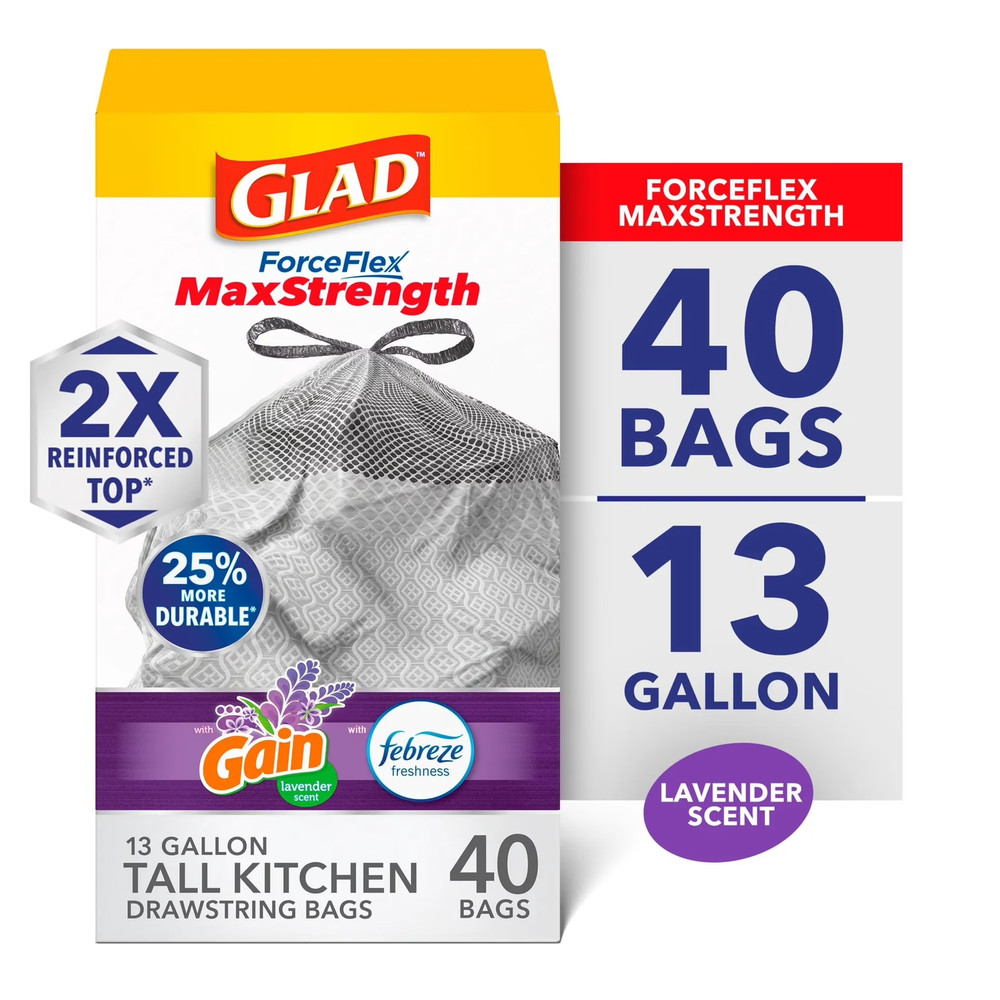 Gain Forceflex Maxstrength Tall Kitchen Drawstring Trash Bags, 13 Gallon, Gain L