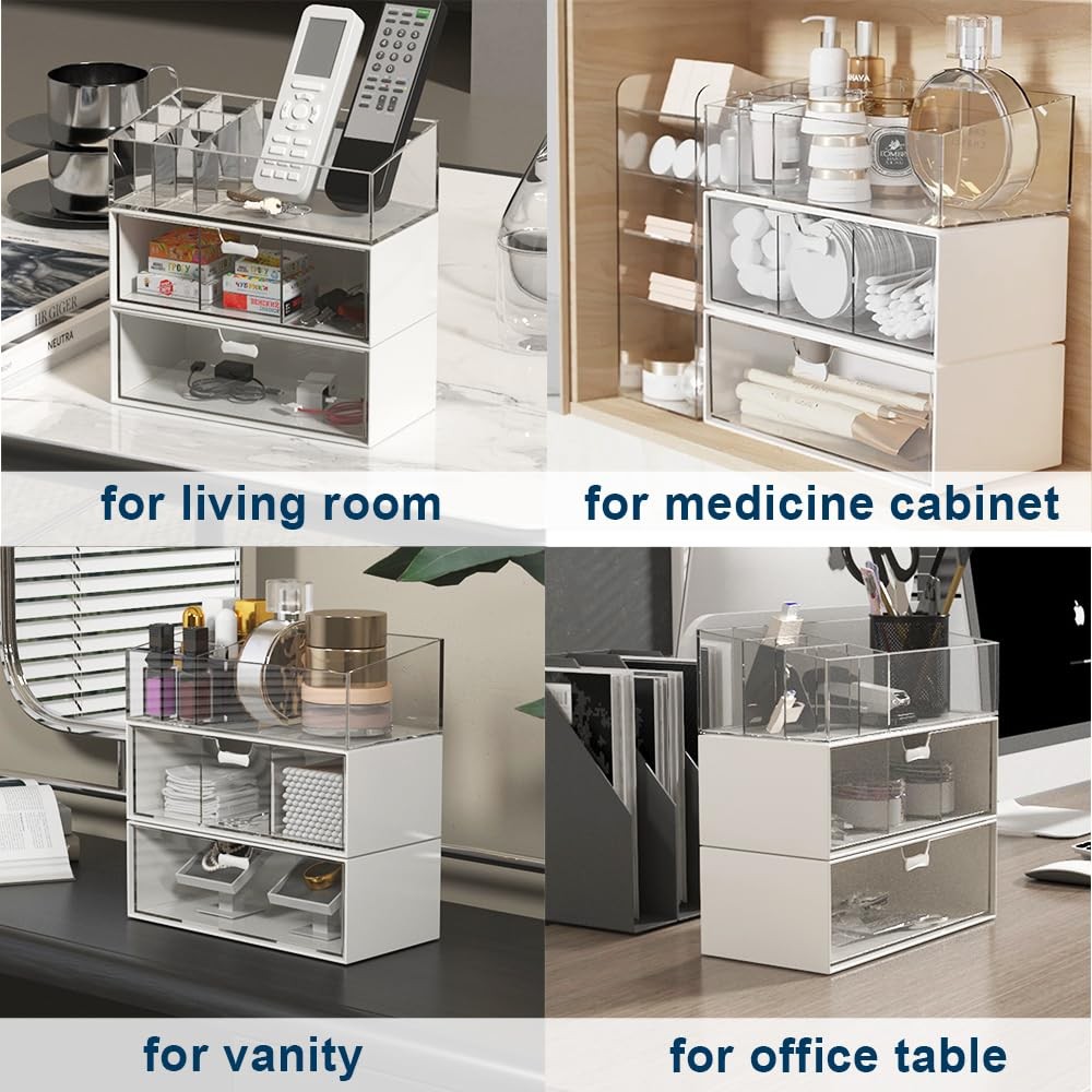 3 Pack Medicine Cabinet Organizer, Plastic Stackable Storage with 2 Drawers, ...