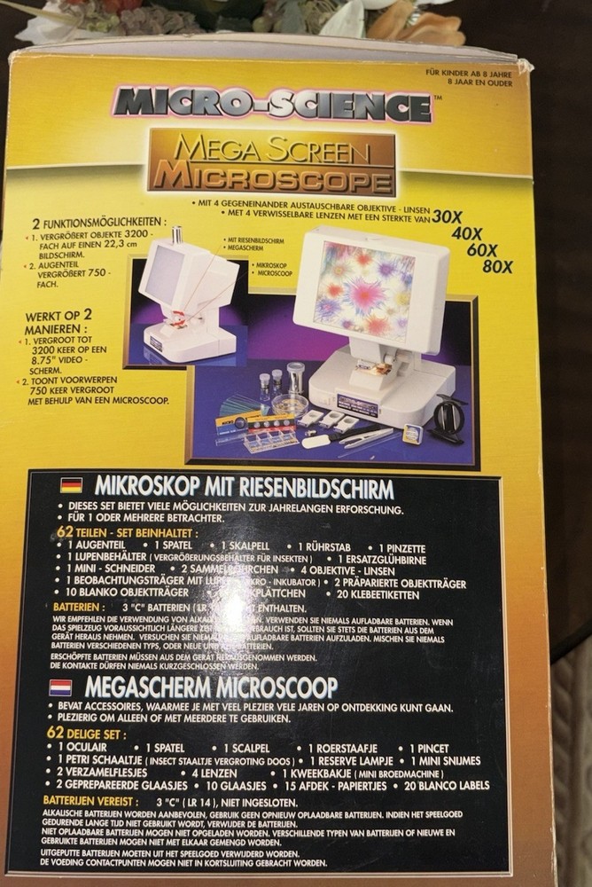 Vintage MICRO-SCIENCE MEGA SCREEN MICROSCOPE 62 PCS 1998-Used/Powers On