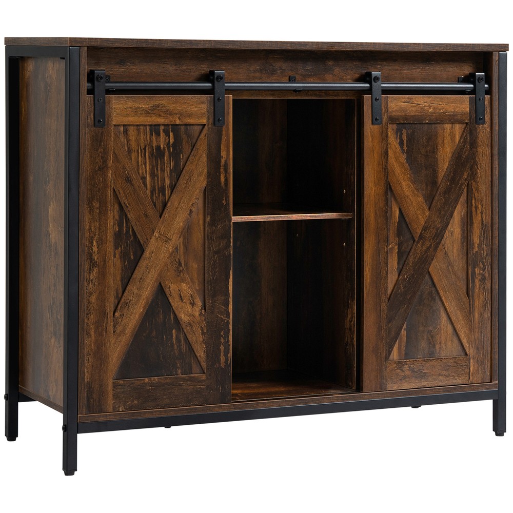 Industrial Kitchen Sideboard, Buffet Cabinet w/ Sliding Barn Doors, Rustic Brown