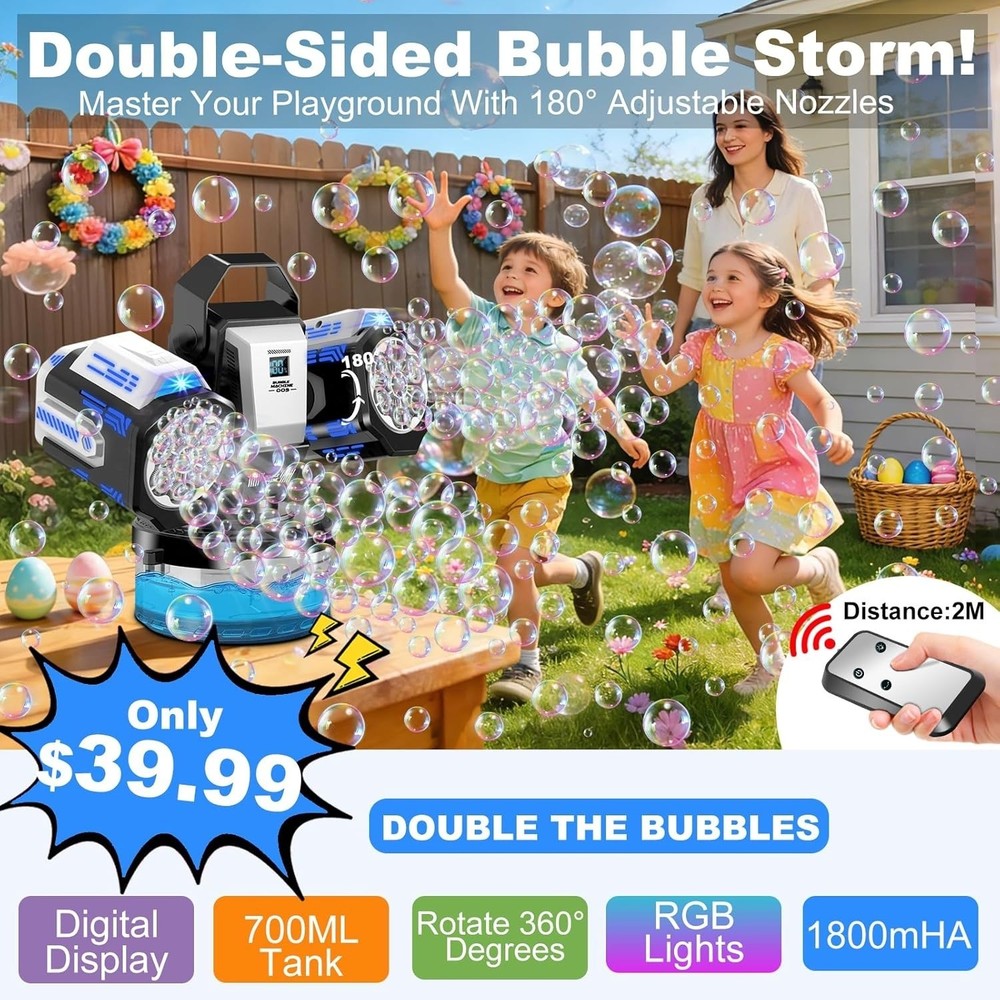 Upgraded bubble machine with remote control and automatic rotation RGB lights