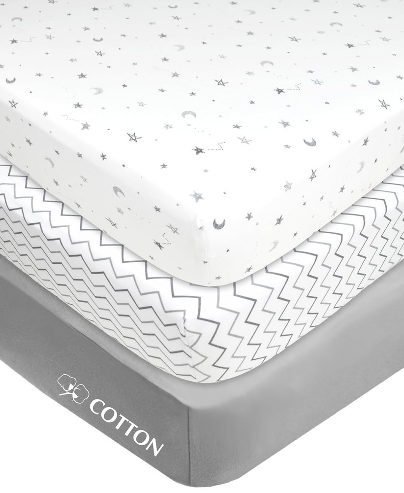 3 Pack 100% Cotton Fitted Mini Crib Sheets for Pack ‘n Play & Mini Cribs