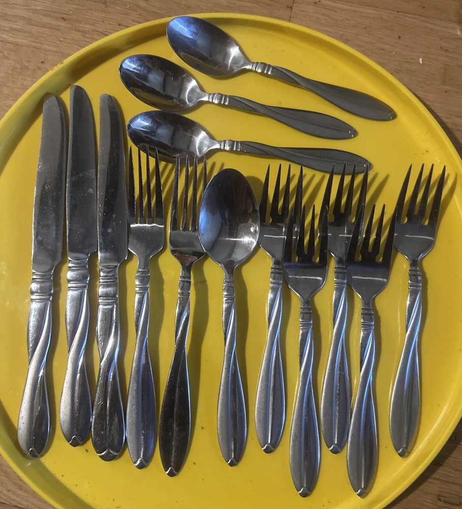 14 Pc International MODERN TWIST Stainless Mixed Flatware Forks Teaspoons