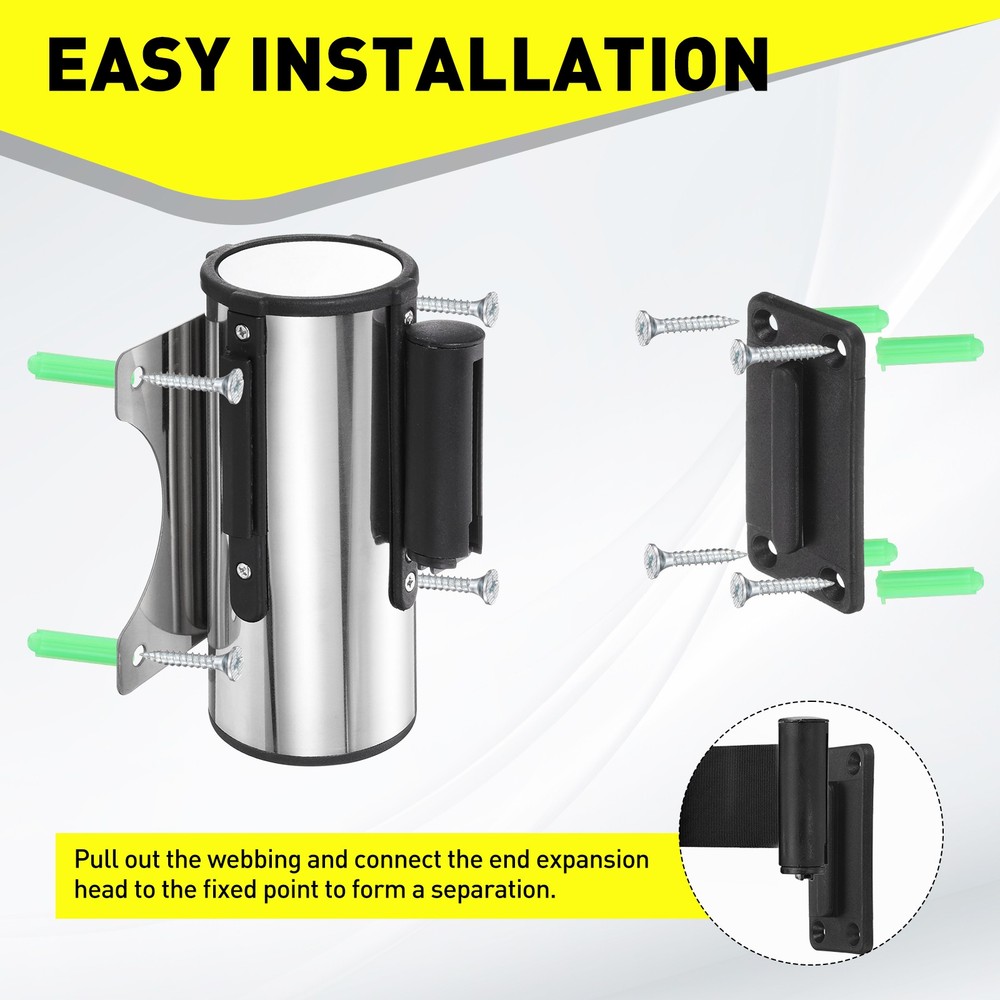 9.8 Foot Fixed Wall Mount Retractable Belt Barrier Set, Black / White