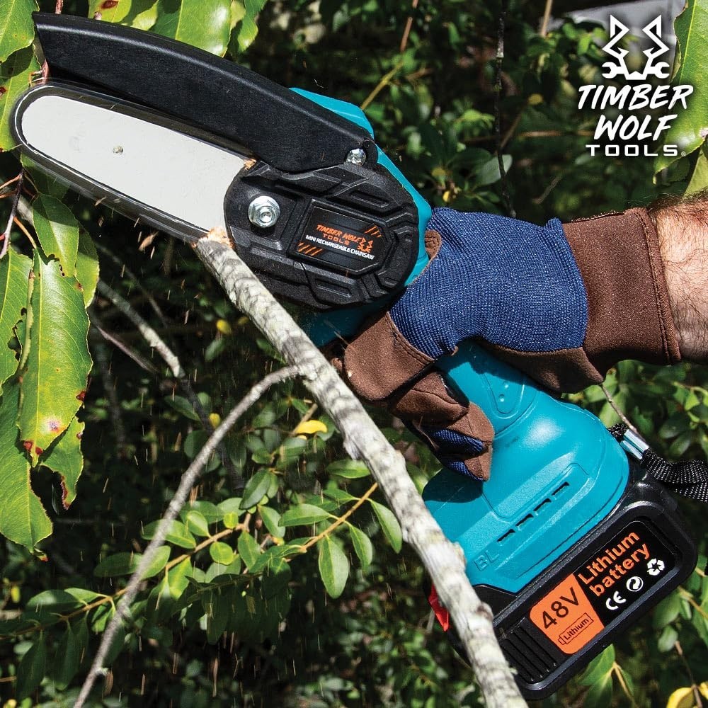 Timber Wolf Tools Mini Rechargeable Chainsaw with Case | 4” Chain |Two Batteries