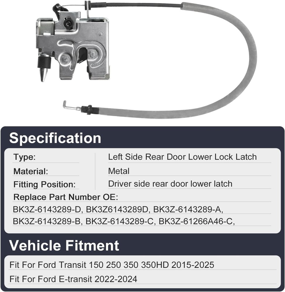 Rear Door Lower Latch Lock with Release Control Cable Assembly Left Driver Side