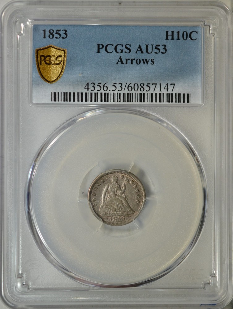 1853 Seated half dime, Arrows, PCGS AU53