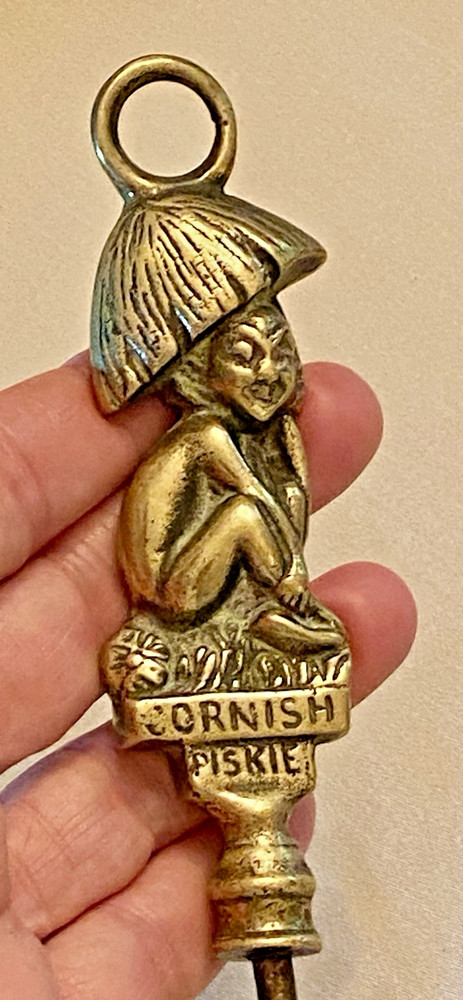 Antique 1920s British CORNISH PISKIE CORKSCREW Brass Goblin Pixie under Mushroom