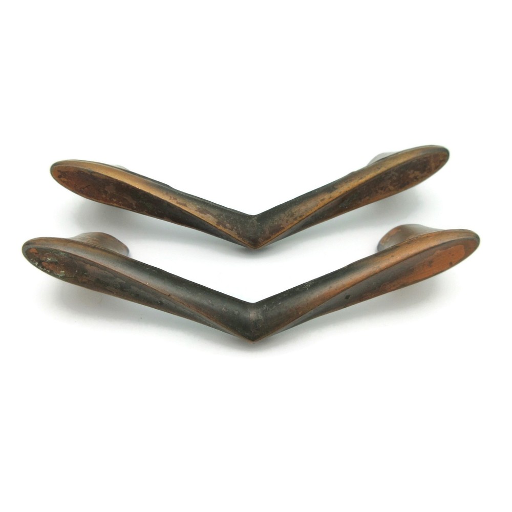 2 Vintage MCM Chevron Drawer Pulls 2.75" Centers Worn Copper Tone LY9