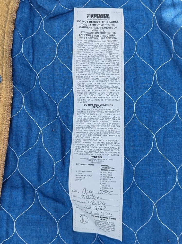 Fyrepel Large Turnout Jacket Reflective Mfg 08/2000 Reflective Firefighter EUC