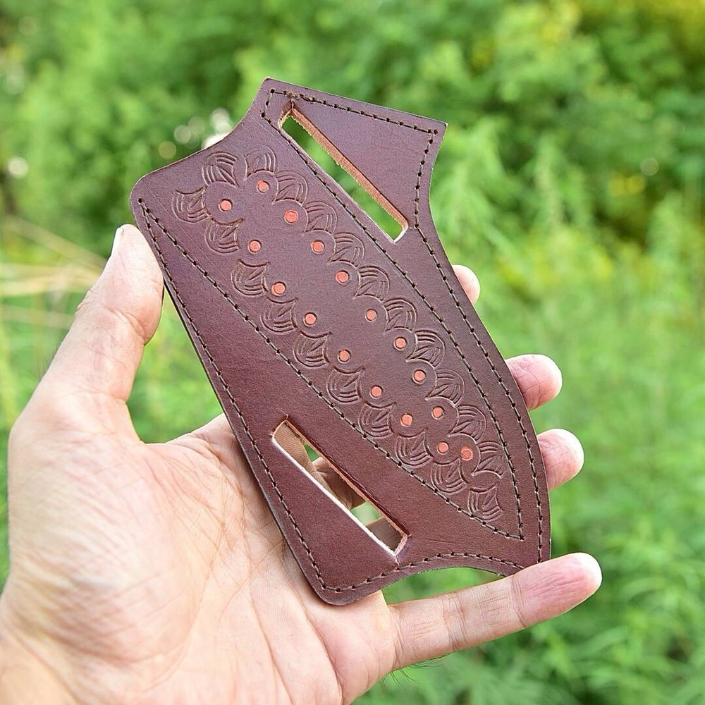 Leather Hand Engraved PANCAKE Fixed Blade Knife Belt Sheath Folding Case USA