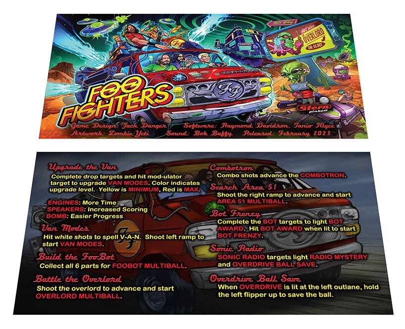 Stern Foo Fighters Pro Pinball Custom Apron Instruction Cards v1