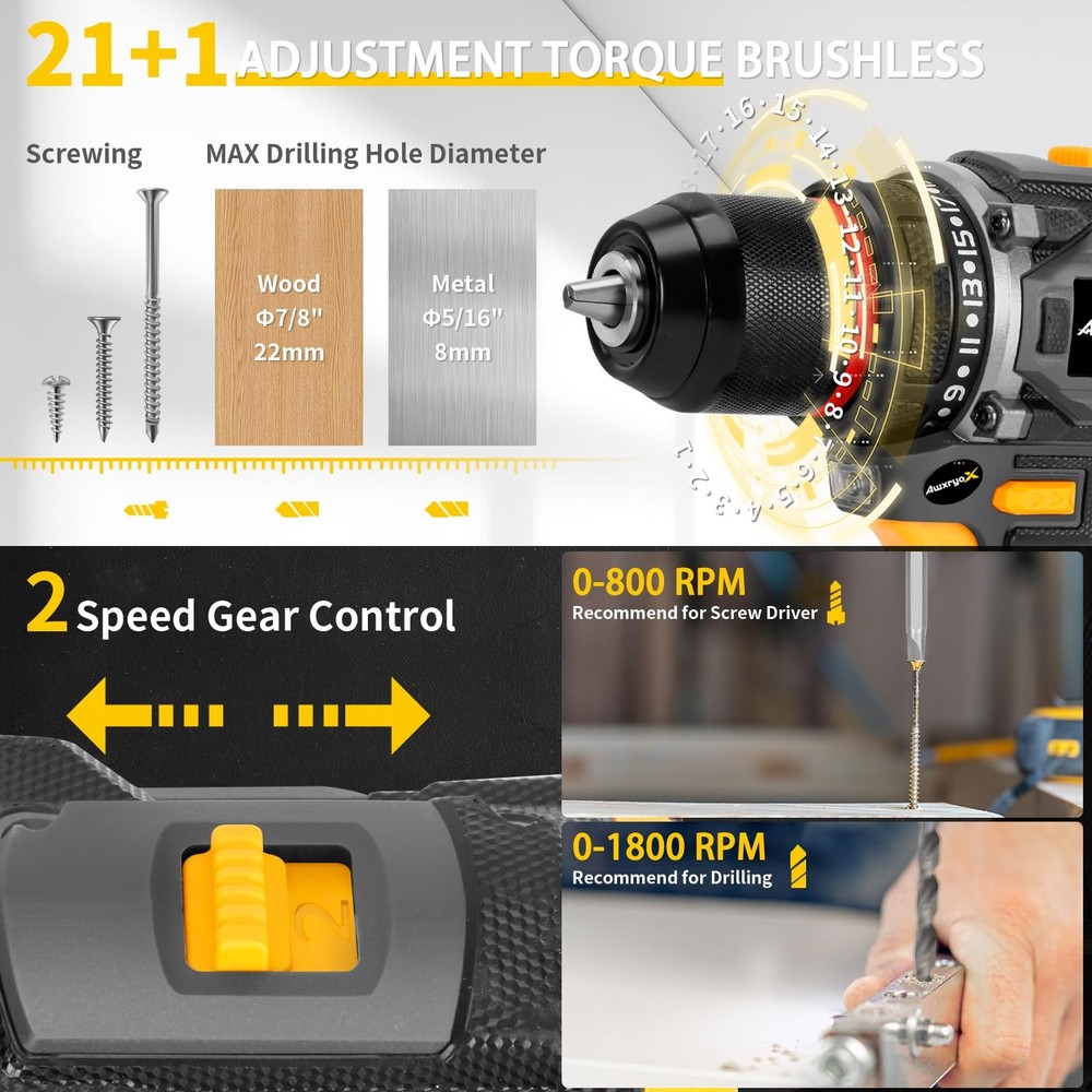 Brushless Compact Drill Tool Set, 60N.m 20V Cordless Drill Tool Box with 2 Ba...