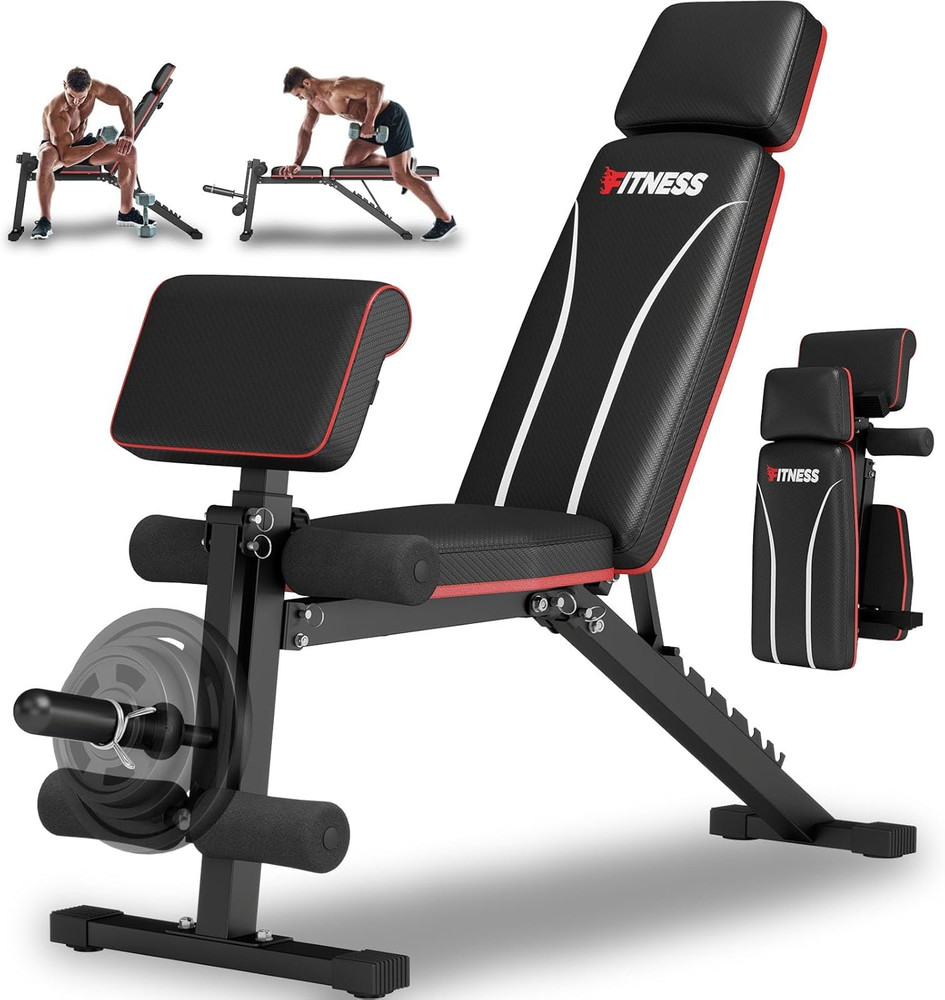 Foldable Weight Bench, Adjustable Workout Bench with Leg Extension, Preacher Pad
