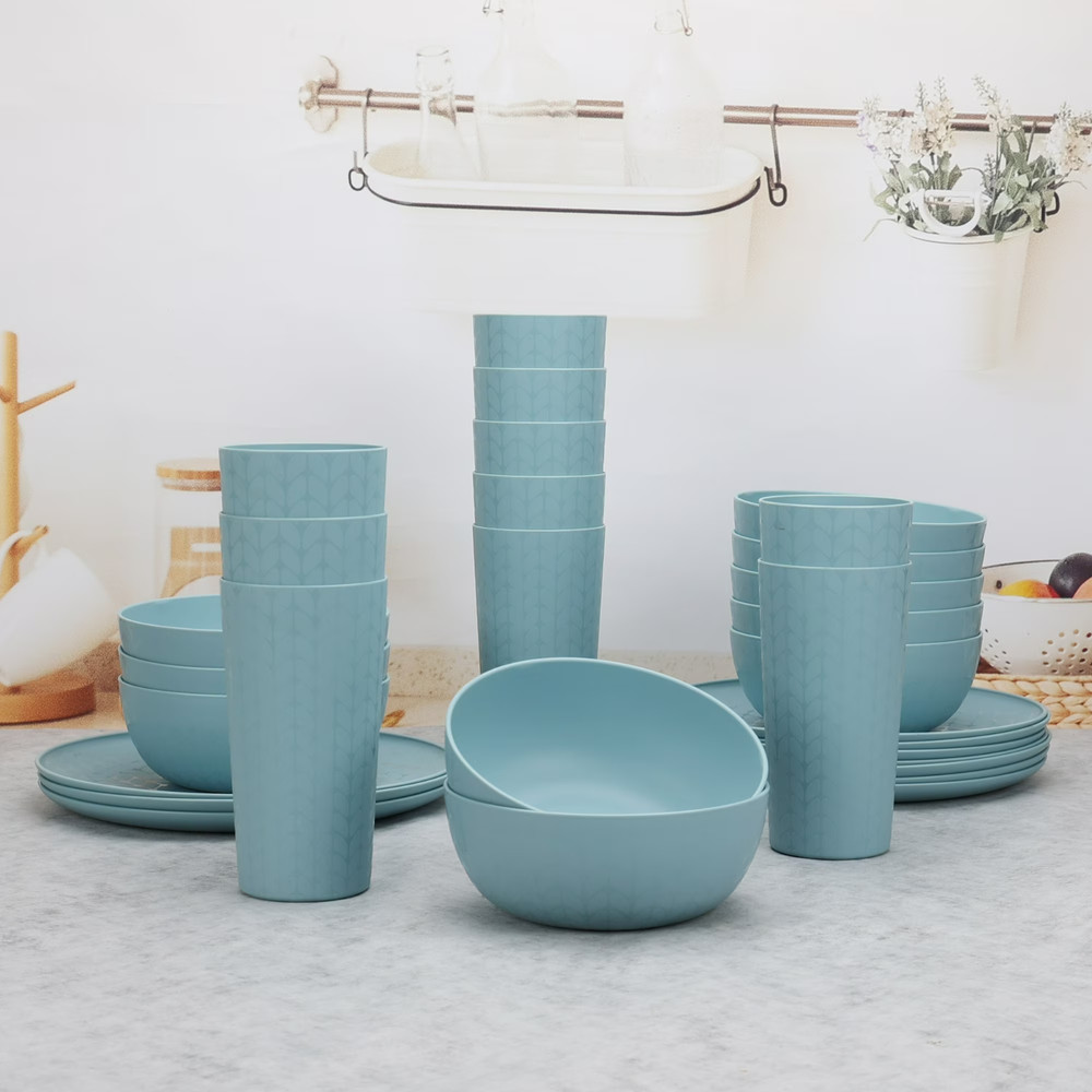 30-Piece Plastic Braided Pattern Dinnerware Bundle Set, Blue