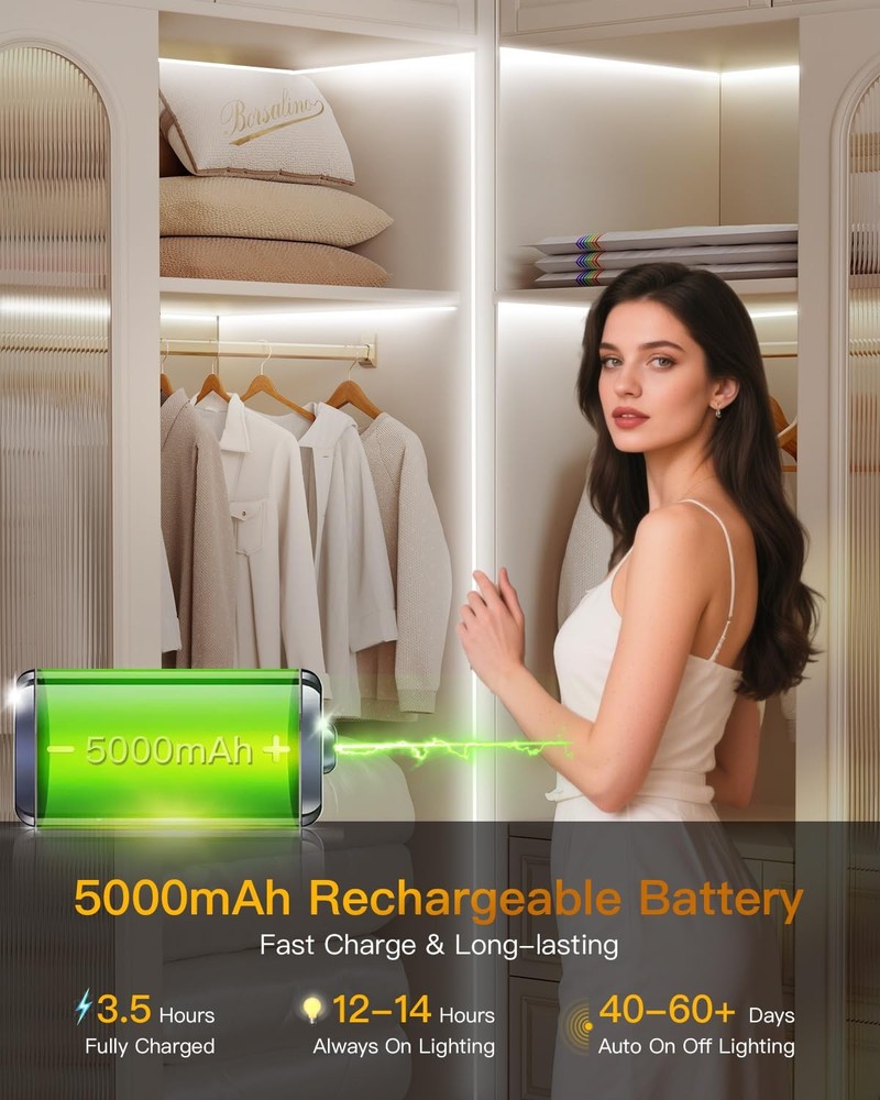 Under Cabinet Lighting Wireless, 2 Pack 5000mAh 13FT COB Motion Sensor Led Li...