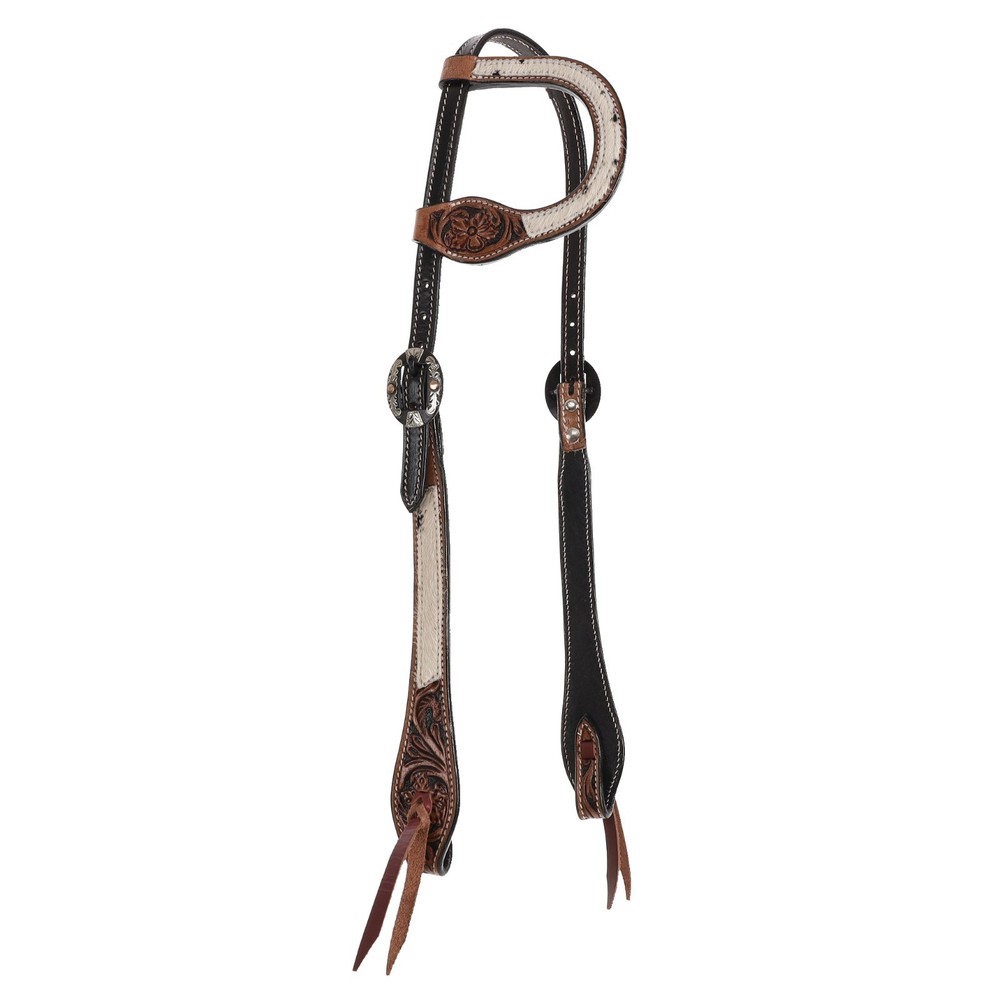 Hair On Cowhide HEADSTALL Single Ear Tooled Showman Leather Adjustable Cheeks