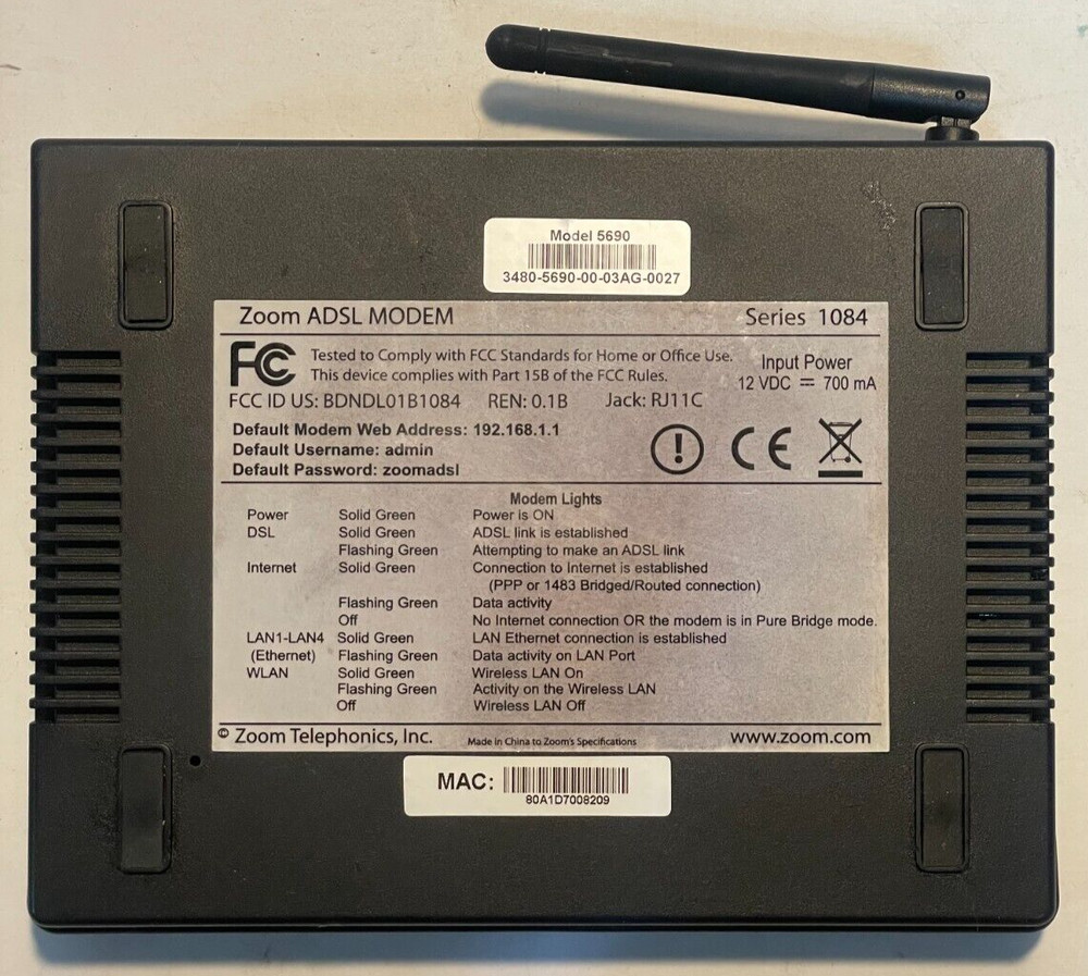 Zoom ADSL X6 wireless MODEM ROUTER Model 5690