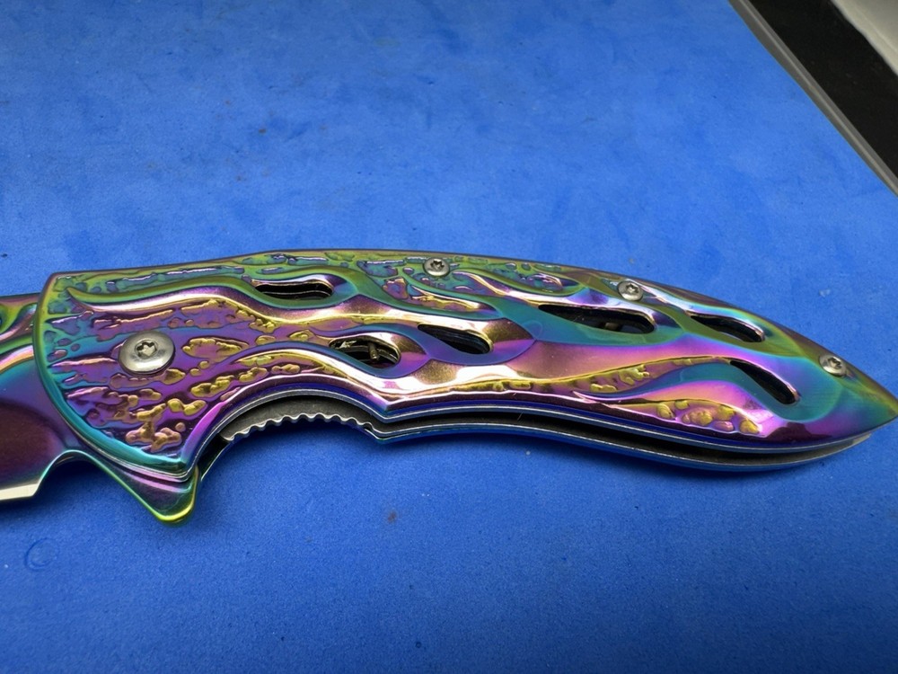 MTECH Assisted Opening Pocket Knife Rainbow Flame Cutout Fire Pattern Blade EDC