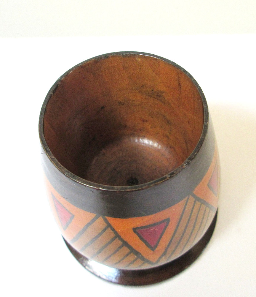 Antique Mauchline Ware Match Holder Hand-Colored Geometric Design