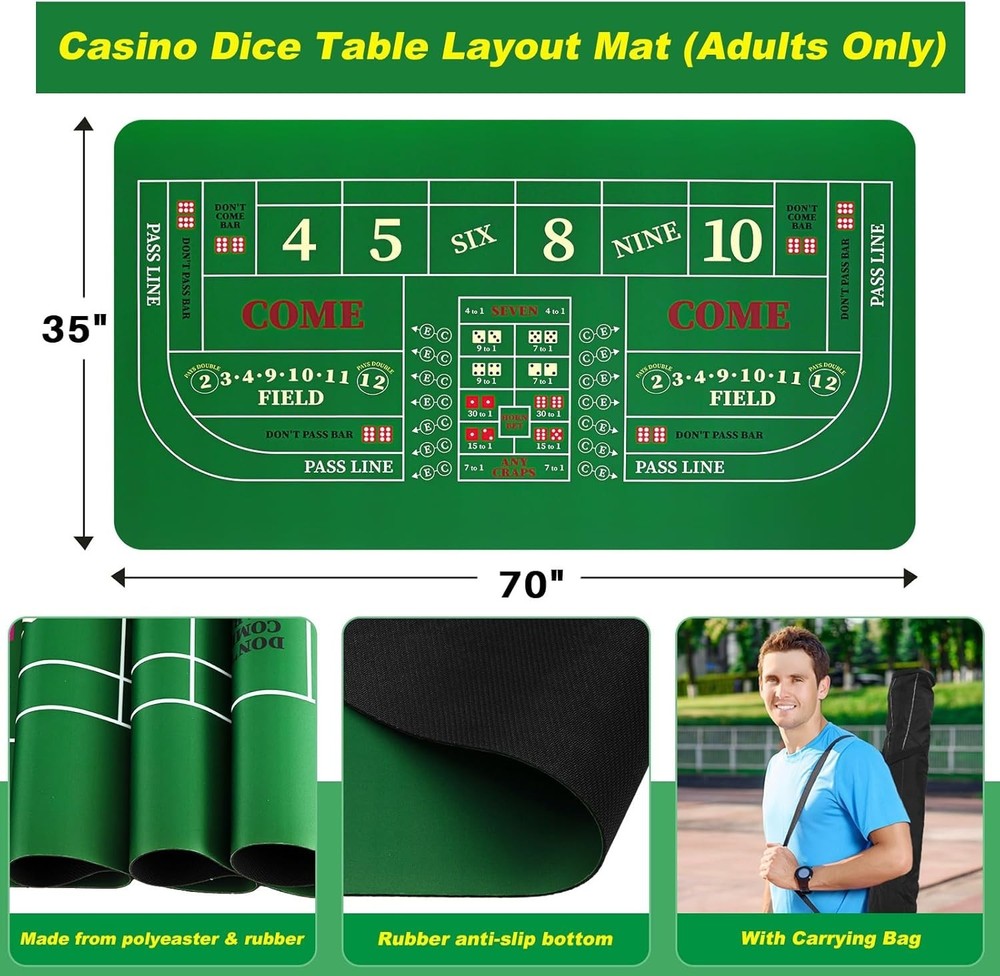Craps Tabletop Game Set, Includes 35"x70" Rubber Craps Tabletop Layout Mat, C...
