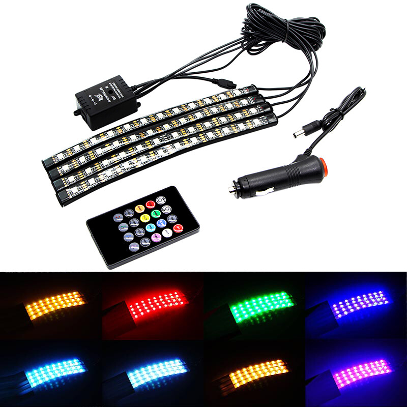 4PCS 12LED Car Interior IR Wireless Remote Control Atmosphere Neon Lights Strip