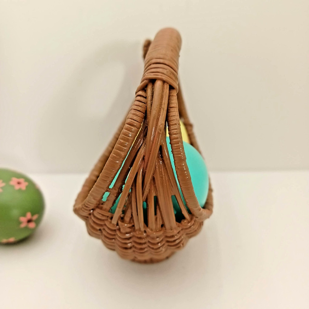 Vintage Small Easter Bunny Brown Wicker Basket 5” With Three 2.25" Ceramic Eggs