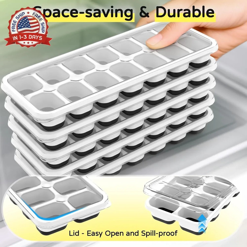 Ice Cube Tray 5 Pack, Stackable Silicone Ice Cube Trays with Lid- Easy Release R