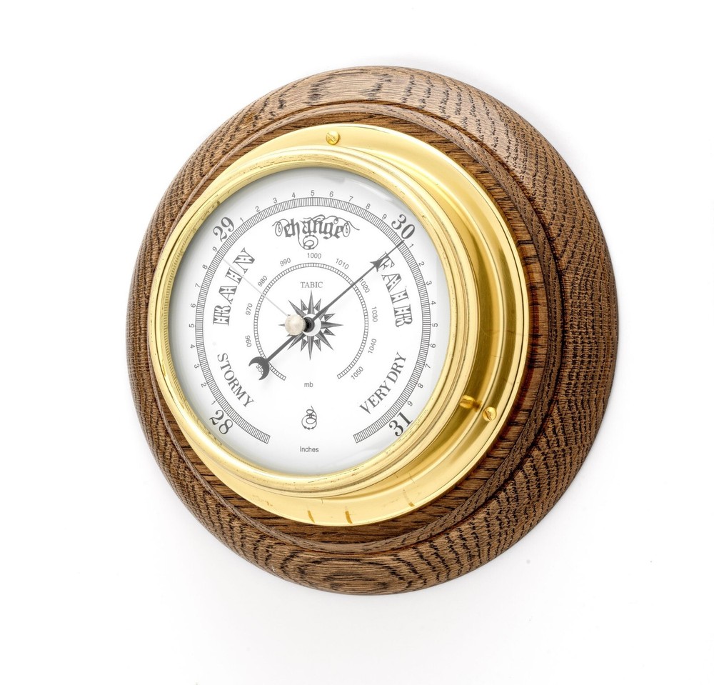 Tabic Traditional Solid Brass Barometer on an English Oak Mount, Handmade in Uk