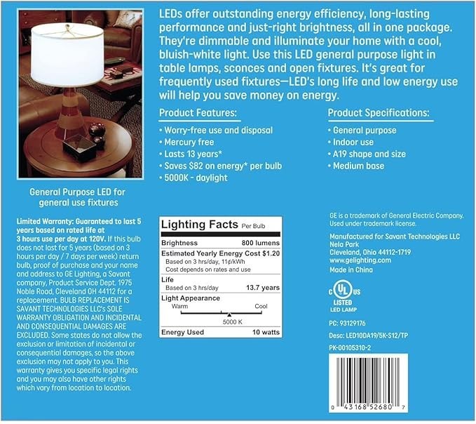 GE 60W 60 Watt Replacement Daylight LED, Dimmable, 800 Lumens, A19 - 12 Pack