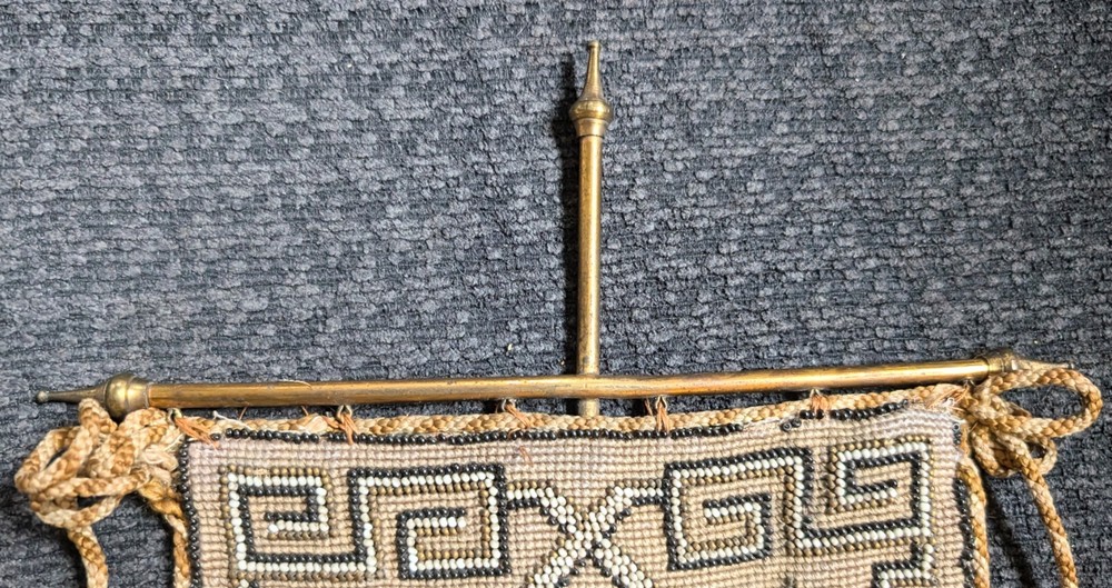 Antique Victorian 1870 Hand Held Pole Beaded Needlepoint Banner Fire Screen 19"