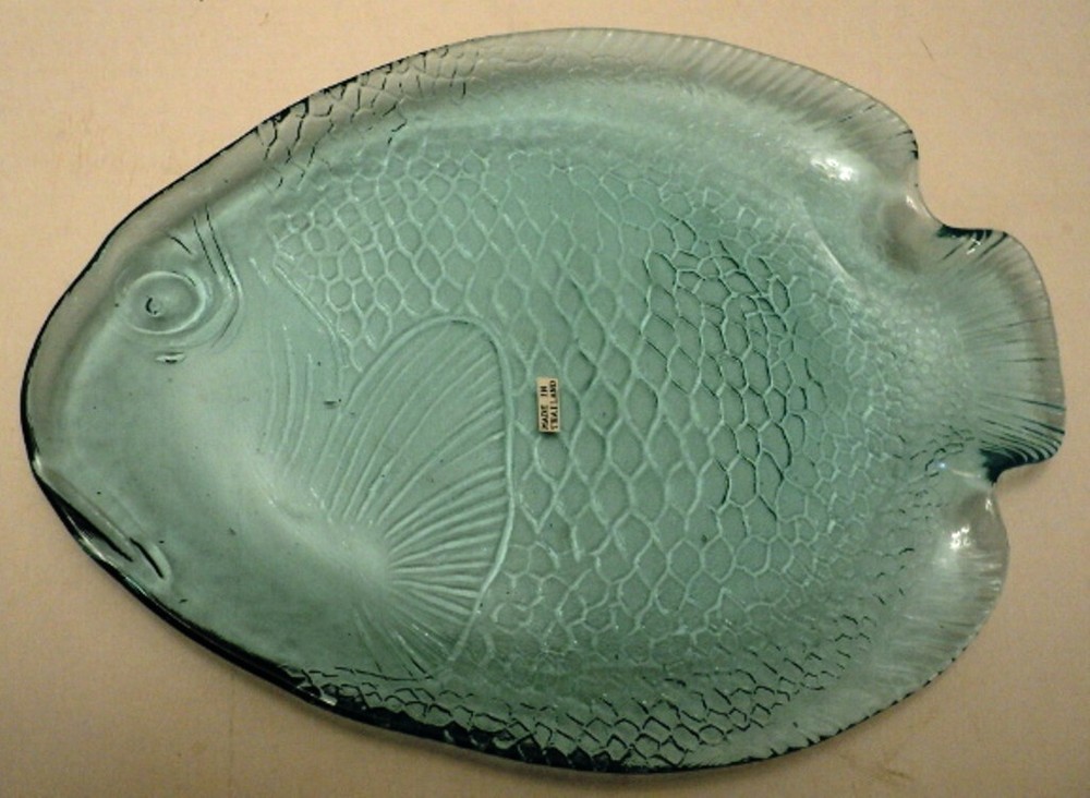 Clear Aqua Blue Glass Serving Tray/Platter - Embossed Fish Pattern - 15" x 10"