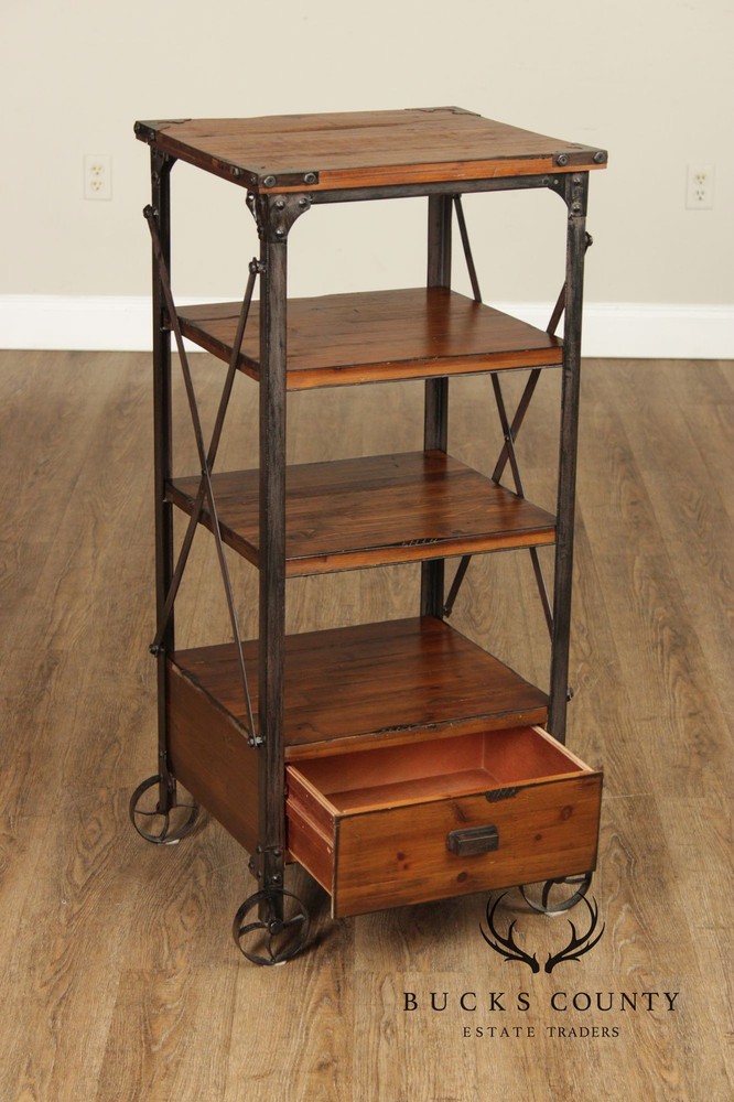 Industrial Rustic Pine And Iron Rolling Shelf With Drawer