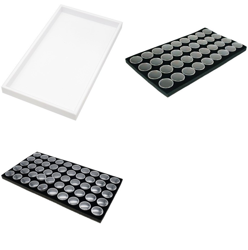 2 White Plastic Stackable Jewelry Display Trays w/ Black 36 & 50 Gem Jar Inserts