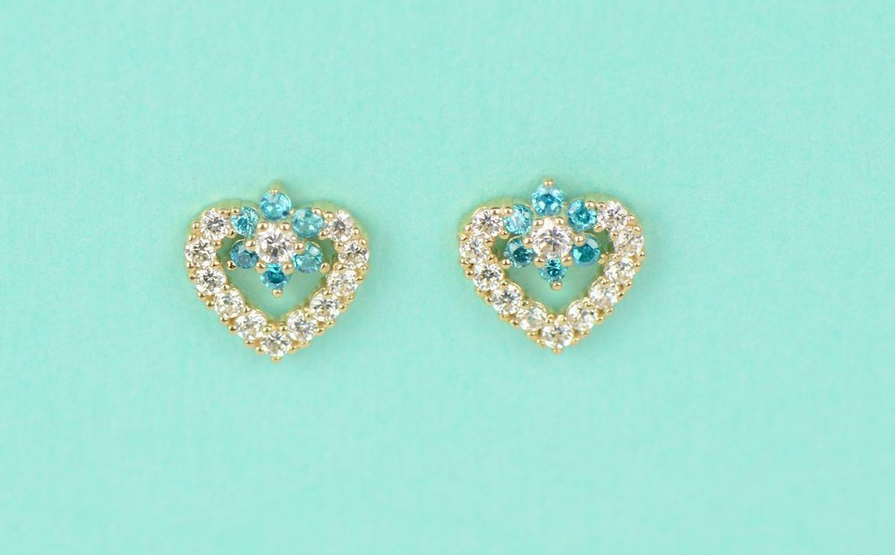 14K Yellow Gold Stud Heart Shape CZ Stud Earrings