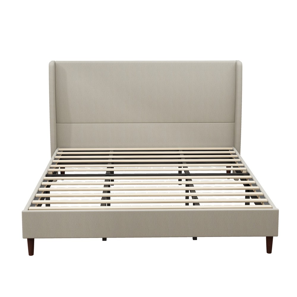 High Headboard Upholstered Bed,Beige, Linen Cloth, Platform Bed
