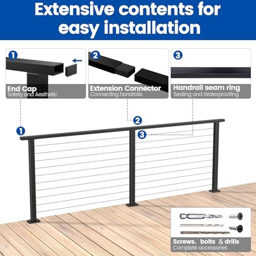Black Cable Railing Handrail Rectangular Stainless Steel Handrail 4FT 1 Pack