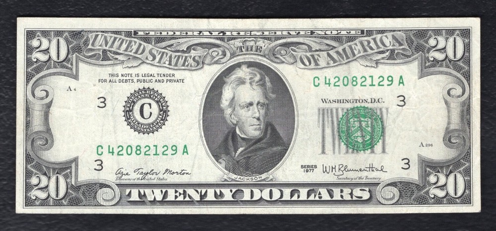 1977 $20 FRN “FULL FACE TO BACK OFFSET PRINTING ERROR” VERY FINE+