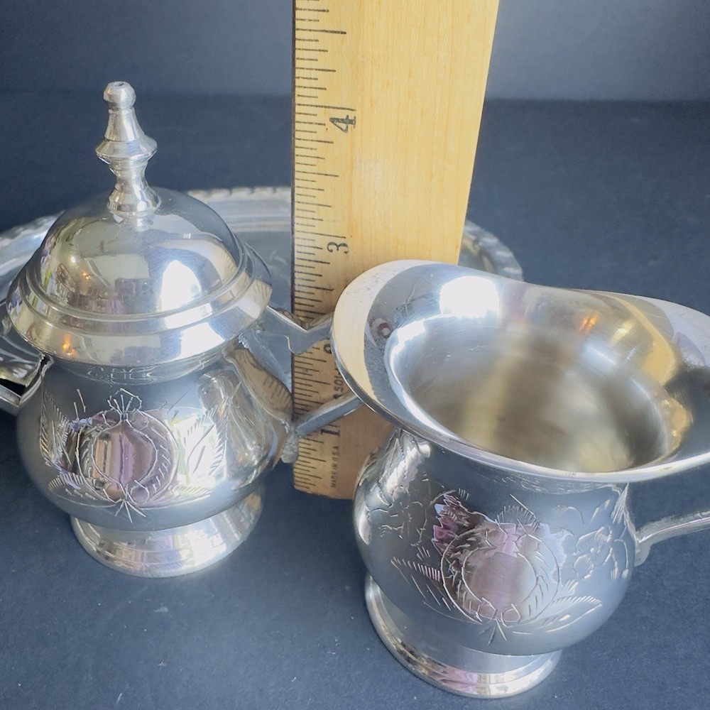 Vtg Silver-plated Sugar Bowl Lid Creamer & Tray Commodore Solid Brass India Labe