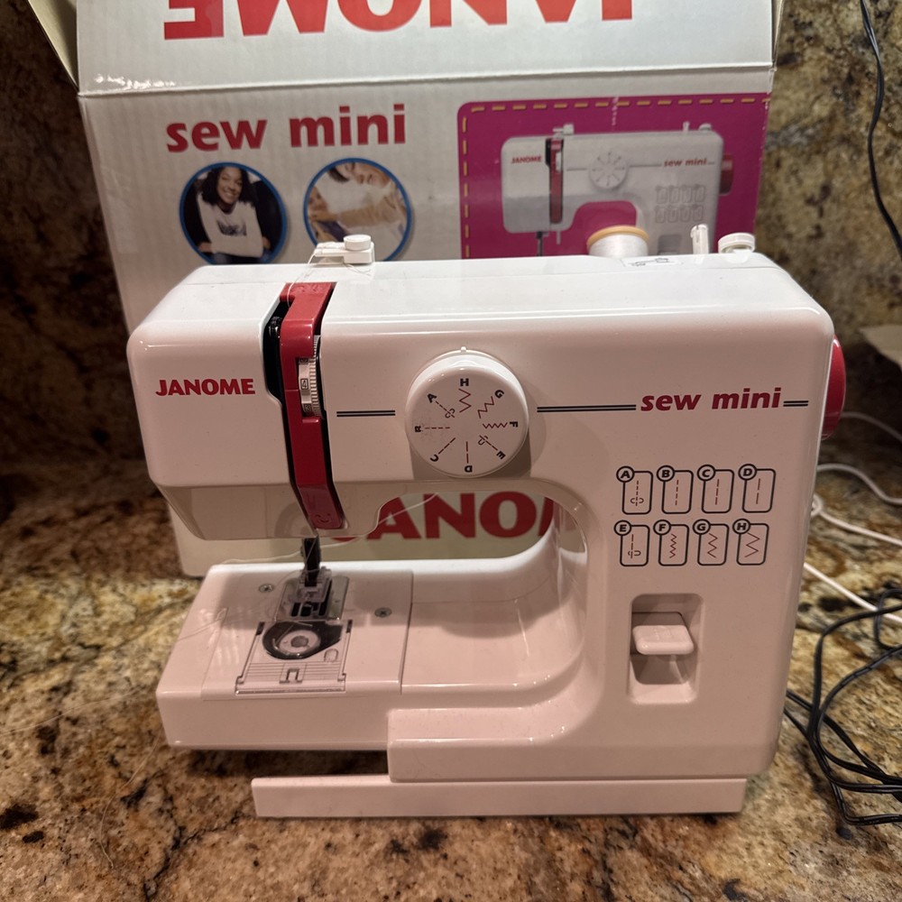 Janome Sew Mini Sewing Machine Compact Portable White & Red With Box