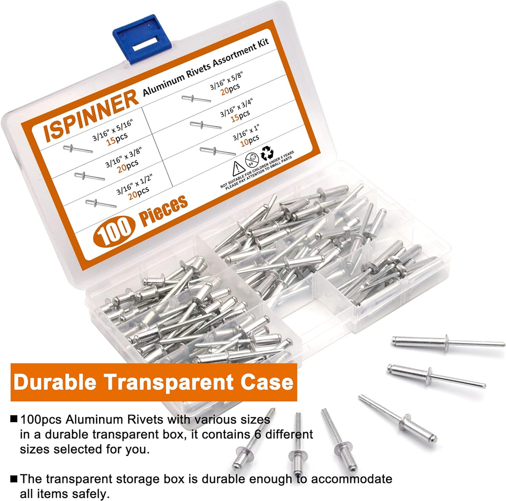 ISPINNER 100Pcs 6 Sizes Aluminum Blind Rivets, Pop Rivets Assortment Kit 3/16" X