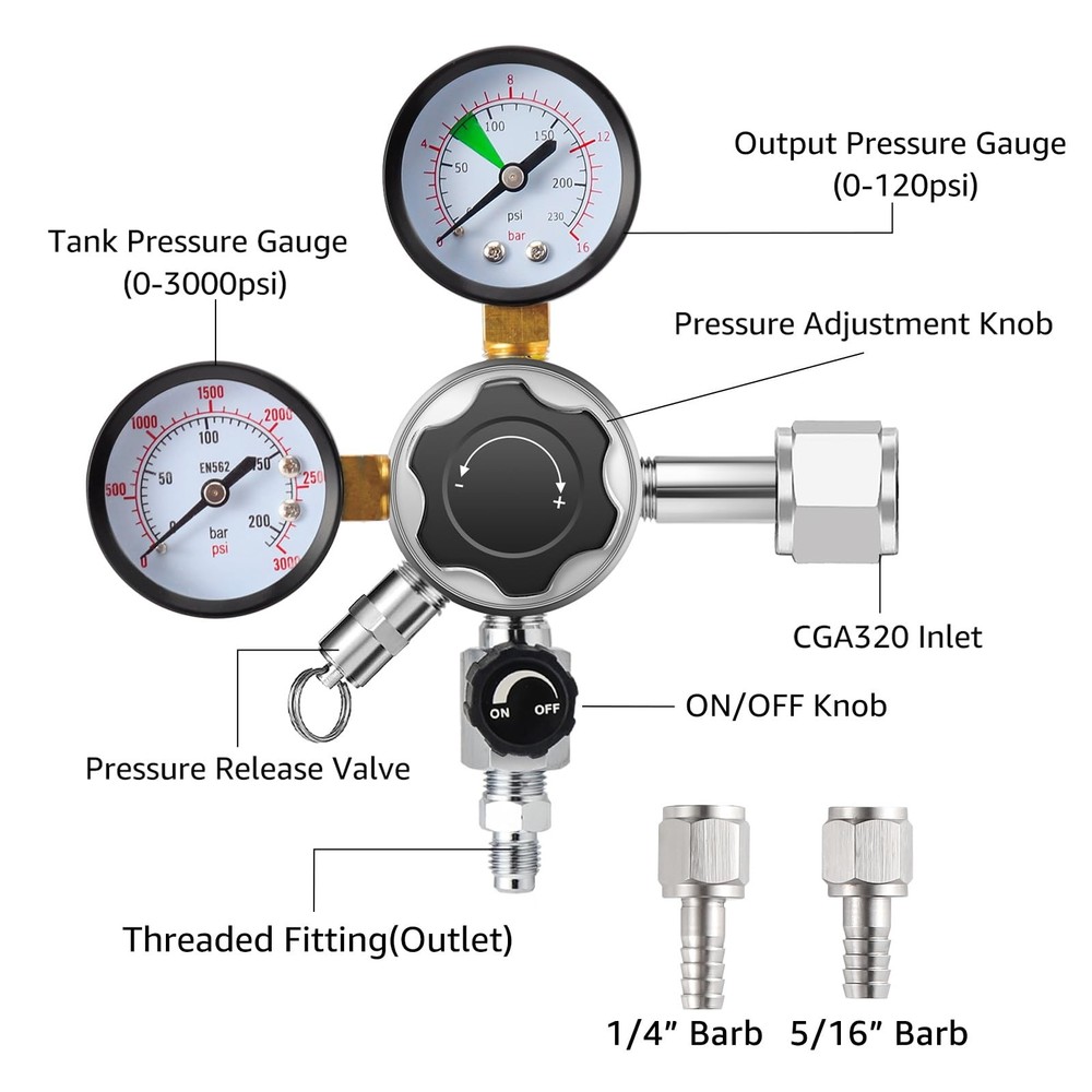 Beer Keg Regulator 0-120 PSI CO2 Regulator, Quick Disconnect CO2 Kegerator Re...