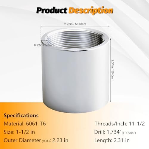 1-1/2" NPT Threaded Full Coupling, Aluminum 6061-T Schedule 40 Pipe Fitting,